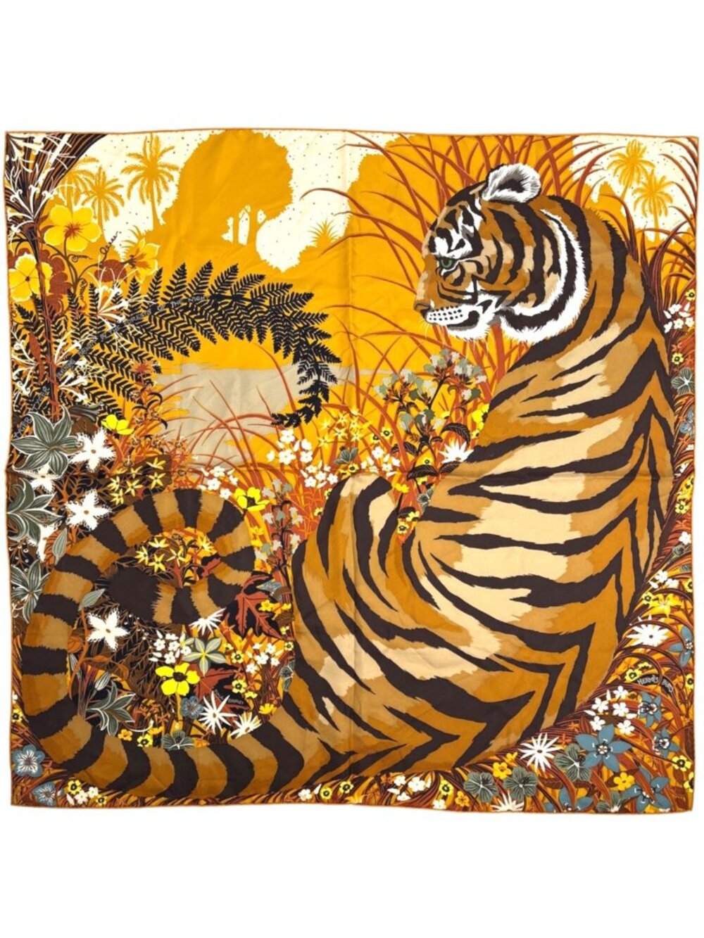 Hermes Carre 90 Tyger Scarf Tiger Silk Orange Multicolor